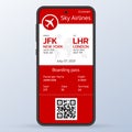 Plane ticket on the smartphone screen. Mobile boarding pass. Online, electronic airline ticket. Modern flight card blank design.